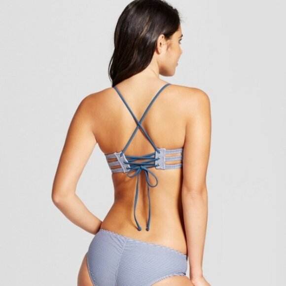 Blue Striped Lace-Up Bikini Top Size M - Picture 1 of 6